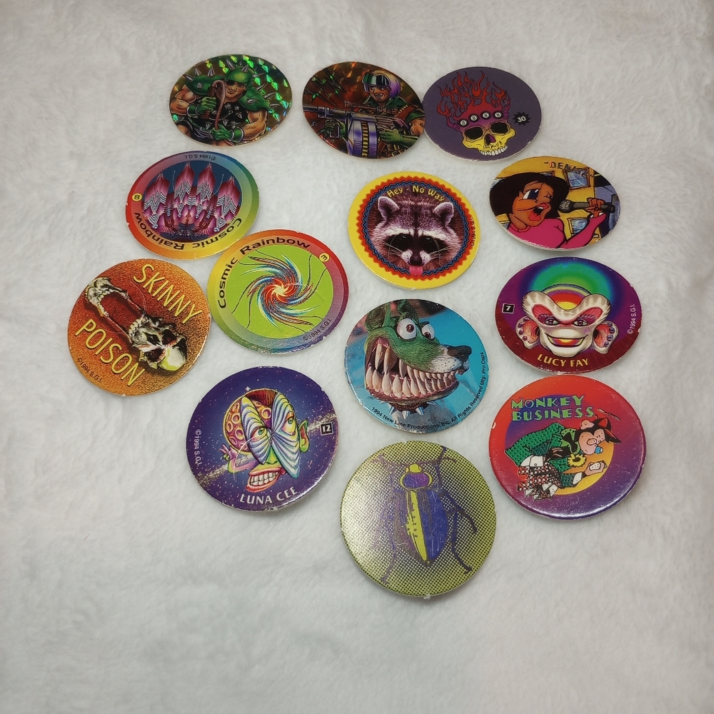 90s Vintage Pogs Slammer Game Pieces Lot Of 13 Captain Poison Cosmic Rainbow Euc